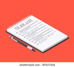 To do list on the notepad and pen lying nearby. Isometric vector illustration