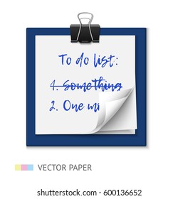 To do list on paper sheet with clip and curl corner, planning and organizing a schedule. Realistic vector illustration isolated on white background.