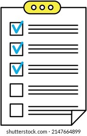 Do to list on presentation tablet, questionnaire. Check mark in form, paper checklist on clipboard. Filling out document with data. Work with information, analytics. Sheet of paper, document, planning