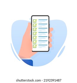To do list on smartphone. Check list. Online survey. Vector illustration.
