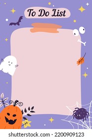 To do list page design for Halloween planner. Daily plan paper template for kids diary, schedule with cute ghost, pumpkin, spider web, autumn leaves in Scandinavian style. Flat vector illustration