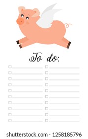 To do list page for printing.Pig flying with angel wings in the air.Cute childish vector illustration. 