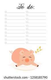 To do list page for printing.Pig laying on the pillow, sleepy.Cute childish vector illustration. 