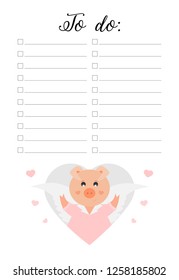 To do list page for printing.Pig in love in the heart. Cute childish vector illustration. 