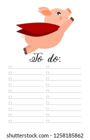 To do list page for printing.Super pig flying in the air with red coat.Cute childish vector illustration. 