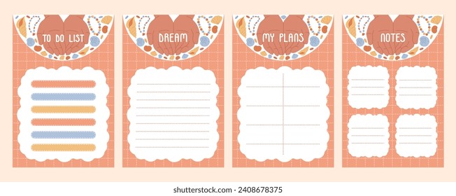 to do list page set. pages for notes and plans. cute coral checkered pages with a marine theme and hands