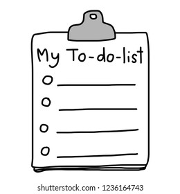 To Do List paper and a bulldog clip isolated on white background. Stripe lined paper with tick boxes held with a bulldog clip. Blank to-do-list sheets for adding your own text. Doodle style vector.