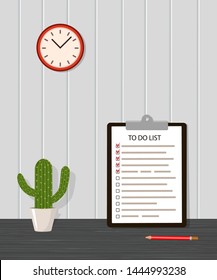 To do list with pencil, cactus and wallclock. Vector illustration