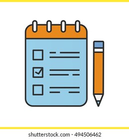 To do list with pencil color icon. Notebook with tick mark. Notepad. Isolated vector illustration