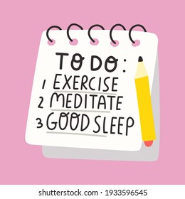 To do list with pencil. Exercise, meditate, good sleep. Vector illustration on pink background.