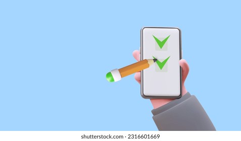 To do list in phone. 3D hand marks completed points with pencil. Process of achieving goal. Vector concept for planning, management. Splitting task into parts, assigning executors