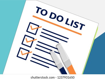 To Do List Plan or planning icon concept. One task failed. Paper sheets with check marks, abstract text and marker. Cup of Coffee Vector flat illustration isolated on color background