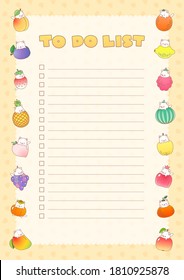 To do list. Planner decorated with cute illustrations of little kittens and fruits. Vector 10 ESP.