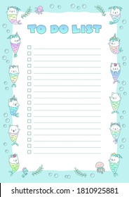 To do list. Planner decorated with cute illustrations of little kittens with mermaid tails. Vector 10 ESP.