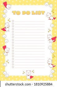 To do list. Planner decorated with cute illustrations of funny super hero kittens. Vector 10 ESP.