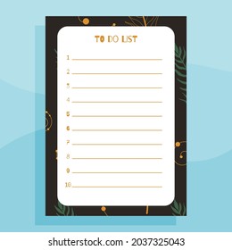 To do list planner print concept template. With hand drawn exotic floral leaves pattern. Vector