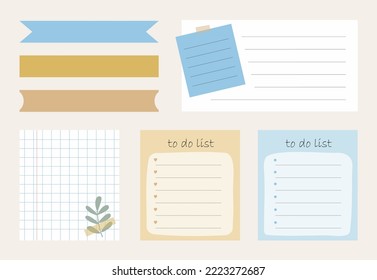 Para hacer lista, planificador, planificación. Plantilla de nota personalizada. Colección de notas rayadas, libretas en blanco y notas rotas que se utilizan en un diario u oficina. Diversas notas de papel en stickers. Ilustración de material vectorial.