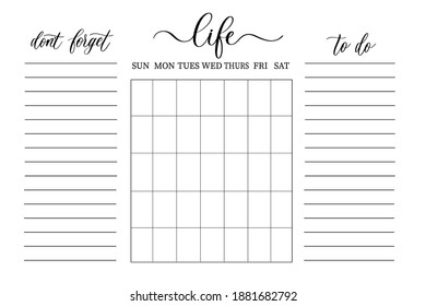 To do list, planner with weeks and calligraphy.