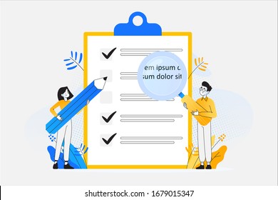 To do list and planning checklist concept. Young people holding giant magnifier and pencil, checking on paper to do list, daily task or agreement, vector illustration