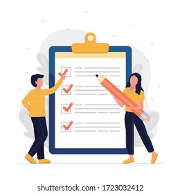 To do list and planning checklist concept. little people holding giant pencil, checking on paper to do list, daily task or agreement, vector illustration