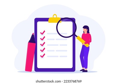 To do list and planning checklist concept. Woman with a holding giant magnifier. Successfully complete business assignments. Completion business task. Goal achievements planning schedule concept
