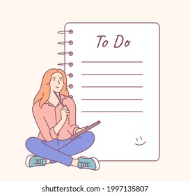 To do list and planning checklist. Young smiling woman or girl cartoon character is sitting near large to do list.