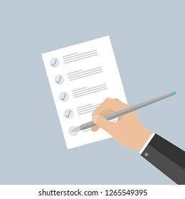 To do list or planning concept. All task completed. Paper sheet with check marks and abstract text. Vector isolated illustration