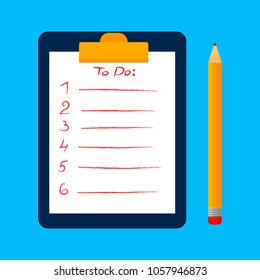 To do list or planning concept for business. Clipboard, survey or test with note, clipboard with documents with check boxes and pencil. Vector illustration.