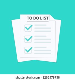 To do list or planning concept. Paper sheets with check marks icon, all tasks are completed. Abstract text and marker. Vector illustration.