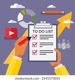 To do list or planning. Hands holding clipboard with checklist with checkmarks. Tasks completed. Paper sheet with check marks, implementation of financial business plan to increase sales and profits