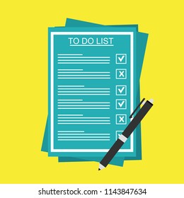 To do list or planning icon concept. All tasks are completed. Paper sheets with check marks, abstract text and marker. Vector flat illustration isolated on color background