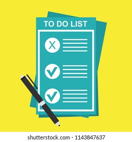 To do list or planning icon concept. All tasks are completed. Paper sheets with check marks, abstract text and marker. Vector flat illustration isolated on color background
