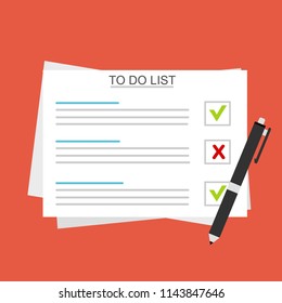 To do list or planning icon concept. All tasks are completed. Paper sheets with check marks, abstract text and marker. Vector flat illustration isolated on color background