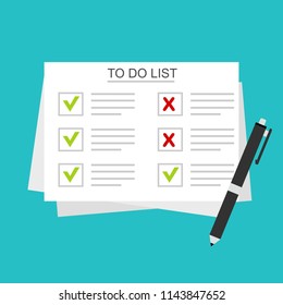To do list or planning icon concept. All tasks are completed. Paper sheets with check marks, abstract text and marker. Vector flat illustration isolated on color background