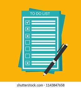 To do list or planning icon concept. Paper sheets with check marks, abstract text and marker. Vector flat illustration isolated on color background