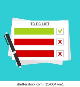 To do list or planning icon concept. Paper sheets with check marks, abstract text and marker. Vector flat illustration isolated on color background