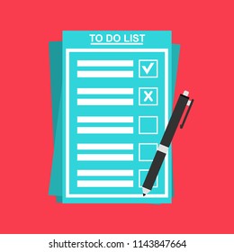 To do list or planning icon concept. Paper sheets with check marks, abstract text and marker. Vector flat illustration isolated on color background