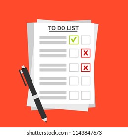 To do list or planning icon concept. Paper sheets with check marks, abstract text and marker. Vector flat illustration isolated on color background