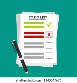 To do list or planning icon concept. Paper sheets with check marks, abstract text and marker. Vector flat illustration isolated on color background