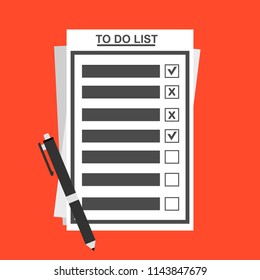 To do list or planning icon concept. Paper sheets with check marks, abstract text and marker. Vector flat illustration isolated on color background