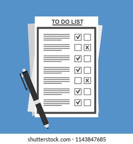 To do list or planning icon concept. All tasks are completed. Paper sheets with check marks, abstract text and marker. Vector flat illustration isolated on color background