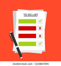 To do list or planning icon concept. All tasks are completed. Paper sheets with check marks, abstract text and marker. Vector flat illustration isolated on color background
