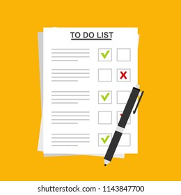 To do list or planning icon concept. All tasks are completed. Paper sheets with check marks, abstract text and marker. Vector flat illustration isolated on color background