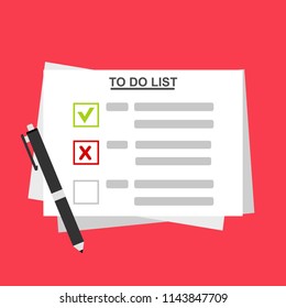 To do list or planning icon concept. Paper sheets with check marks, abstract text and marker. Vector flat illustration isolated on color background