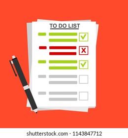 To do list or planning icon concept. All tasks are completed. Paper sheets with check marks, abstract text and marker. Vector flat illustration isolated on color background