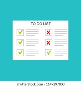 To do list or planning icon concept. Paper sheets with check marks, abstract text and marker. Vector flat illustration isolated on color background
