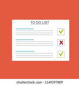 To do list or planning icon concept. Paper sheets with check marks, abstract text and marker. Vector flat illustration isolated on color background