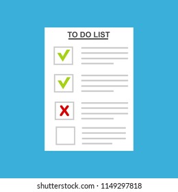 To do list or planning icon concept. Paper sheets with check marks, abstract text and marker. Vector flat illustration isolated on color background