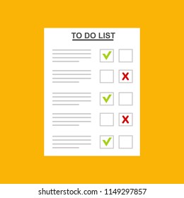 To do list or planning icon concept. Paper sheets with check marks, abstract text and marker. Vector flat illustration isolated on color background