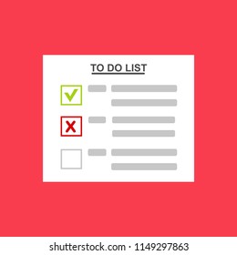 To do list or planning icon concept. Paper sheets with check marks, abstract text and marker. Vector flat illustration isolated on color background